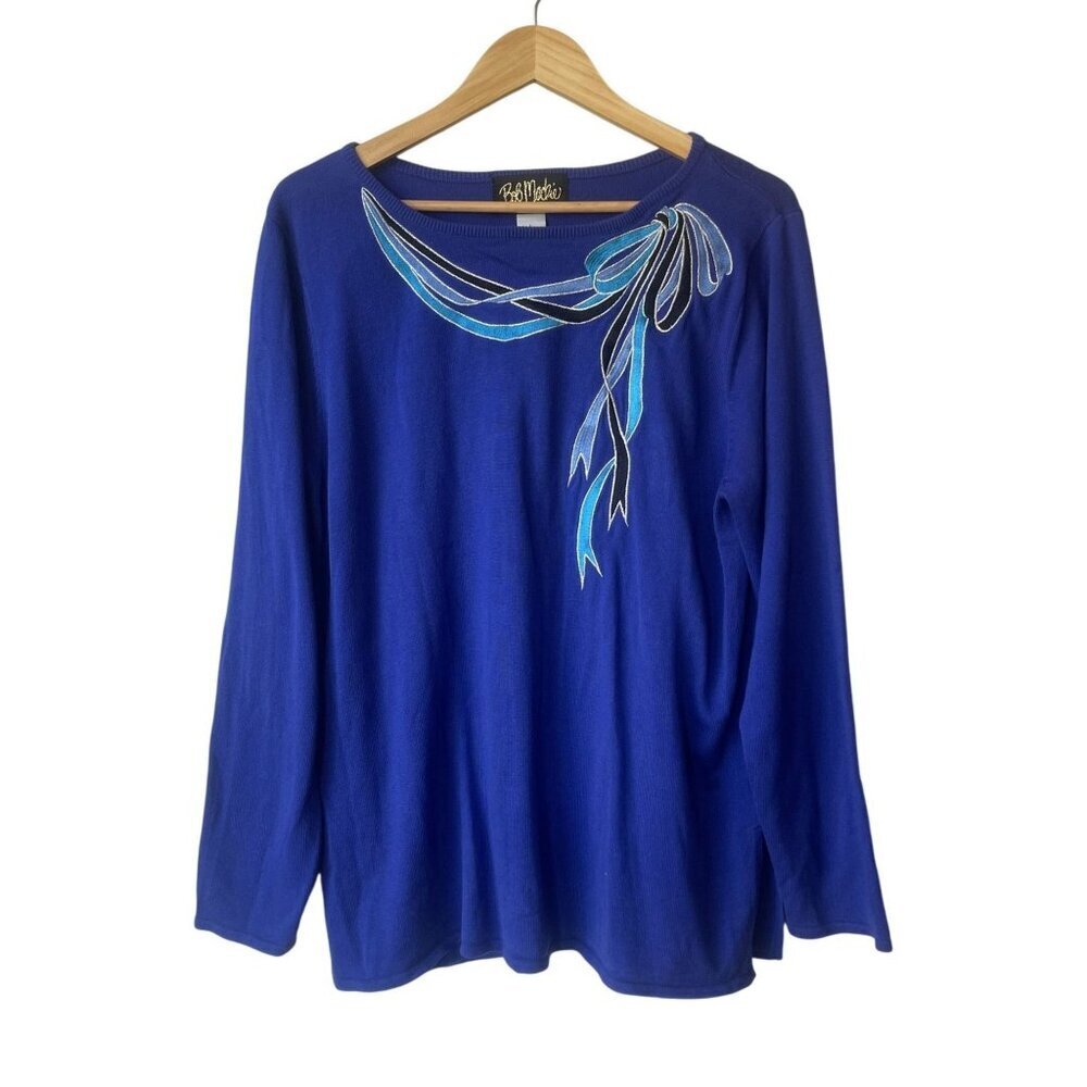 Bob Mackie Cobalt Blue Long Sleeve Top with Aqua Ribbon Detail